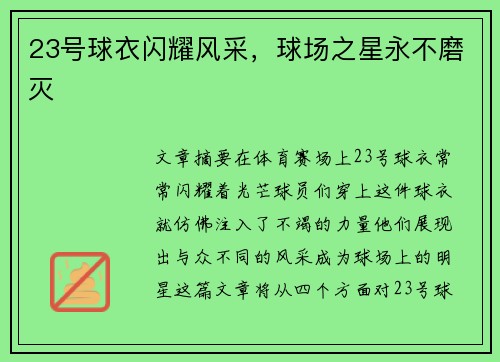 23号球衣闪耀风采，球场之星永不磨灭