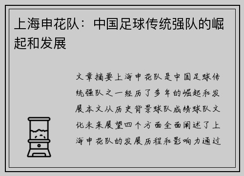 上海申花队：中国足球传统强队的崛起和发展